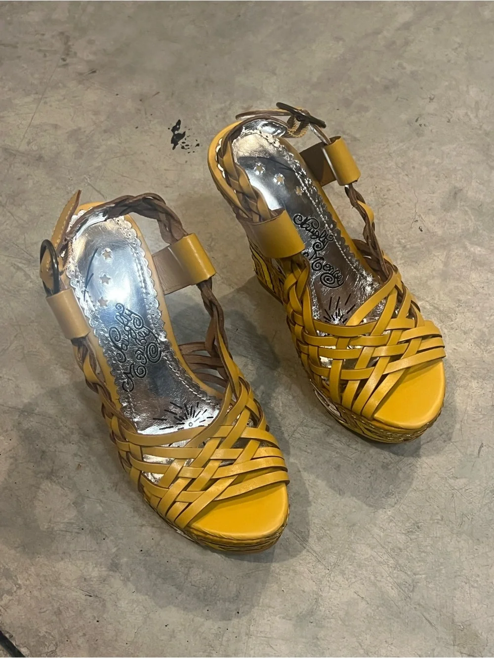 Buckle Yellow Woven Leather Platform Wedge Sandals